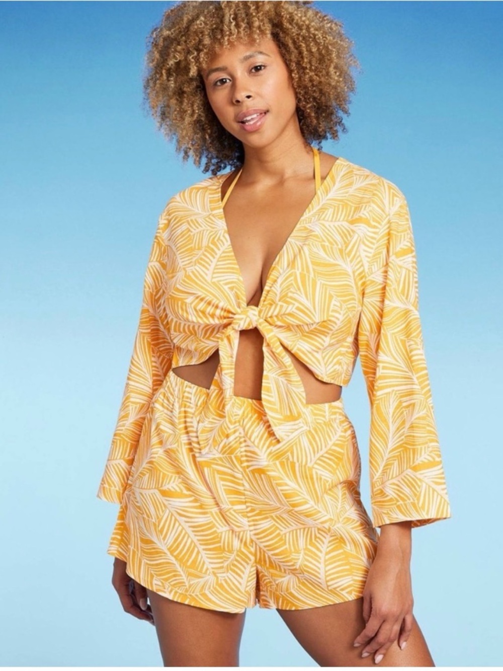 Yellow Leaf Print Beach Set